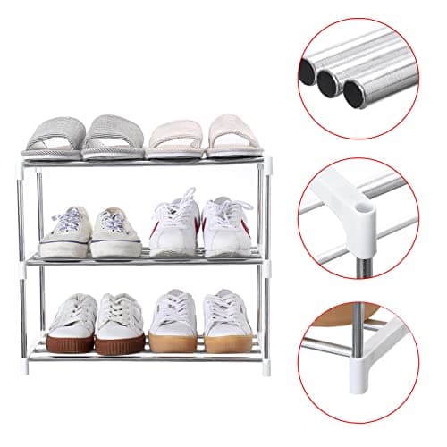 Jucaifu Stackable Small Shoe Rack, Entryway, Hallway and Closet Space Saving Storage and Organization (3-Tier, White) 5