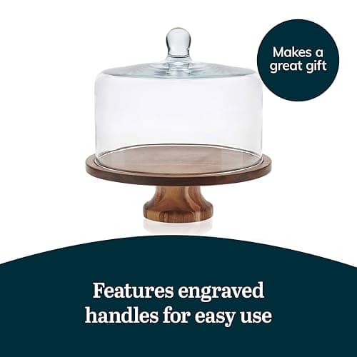 Libbey Acacia Wood Cake Stand with Lid, Footed Cake Stand With Cover, Durable Ball Top Handle Glass Dessert Dome 5