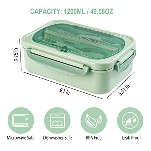 NatraProw Bento Box for Adult, 1200 ML Lunch Containers for Adults, LeakProof Lunch Box with Utensils, BPA Free, 3 Compartment Bento Box Microwave Safe, Green 5