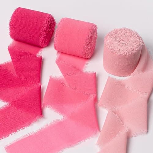 Sifleur Chiffon Ribbon, Hot Pink Pastel Pink 1.5''x21Yd Frayed Fringe Silk Ribbons for Gift Wrapping, Handmade Decor, Floral Vase, Wedding, Birthday, Engagement, Bridal Shower, Mother's Day, 3 Rolls