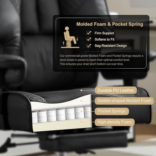 EXCEBET Big and Tall Office Chair 400lbs Wide Seat, Leather High Back Executive Office Chair with Foot Rest, Ergonomic Chairs Lumbar Support for Lower Back Pain Relief (Black) 6