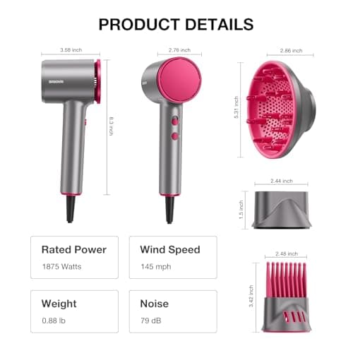 BABONIR High-Speed Hair Dryer 110,000 RPM, 1875W Ionic & Plasma Blow Dryer with Diffuser, Concentrator & Comb, 550 Million Ionic Hairdryer with Cool Shot, Low-Noise CompactPro Travel & Salon – Gray 9