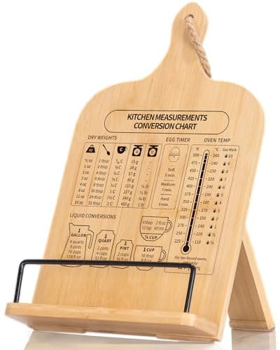 IKEDAS Bamboo Cookbook Stand, Sturdy Cook Book Holder, Recipe Book Holder with Measurement Conversion Chart, Cookbook Stand for Kitchen Counters, Essential Accessories for Holding Cookbooks