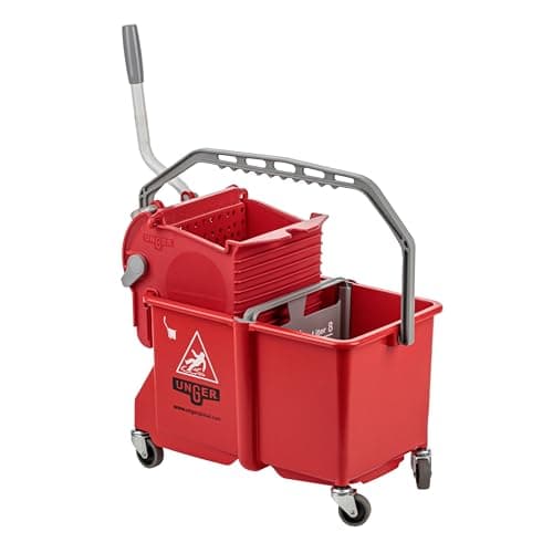 Unger Commercial - SmartColor Dual-Compartment Restroom Mop Bucket with Side-Press Wringer, 16 qt, Red - Restroom Cleaning - COMSR
