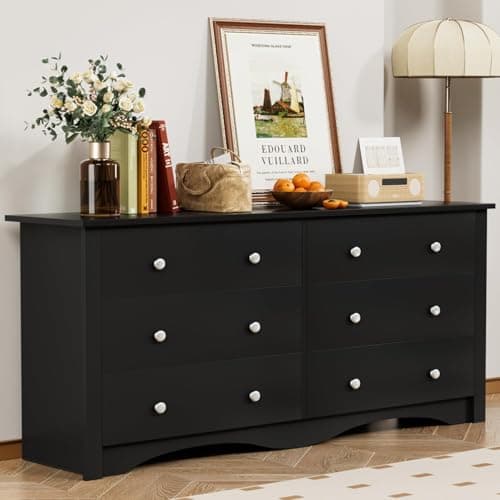 YESHOMY Dresser for Bedroom with 6 Drawer, Wood Wide Chest Storage Organizer and TV Stand for Living Room, Hallway, Dormitory, Black