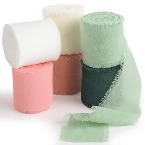Phinus 1.6" x 6 Rolls Chiffon Ribbon, 33 Yards Colored Handmade Chiffon Silk Ribbon, Frayed Fringe Ribbons for Packaging Bouquets, Gifts, Wedding Invitation, DIY Craft, Home Party Decoration 8