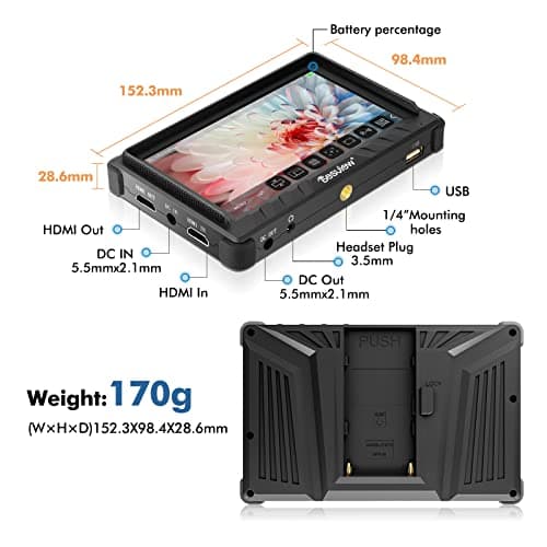Desview P5II Camera Field Monitor with NP-F550 Lithium-Ion Battery Pack, 5.5 inch 800nits 1920 * 1080P 4K HDMI Field Monitor with HDR 3D LUT RGB Waveform Vectorscope False Color for DSLR Camera 5