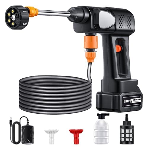 Sakerplus Portable Cordless Pressure Washer, Electric Power Washer,10000mah Battery Power Car Pressure Washer with 6-in-1 Nozzle,16.4FT Drain Hose for Car, Floor, Wall Cleaning (10000mah)