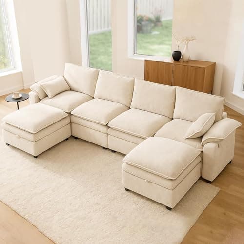 MastonHome Large U-Shaped Sectional Couch Set - 6/7/8 Seater Oversized Cloud Sofa for Living Room, Big Comfy Chenille Fabric Couches, Extra Long Modular Sofa Bed Furniture (Beige, 6-Seater Sofa) 6