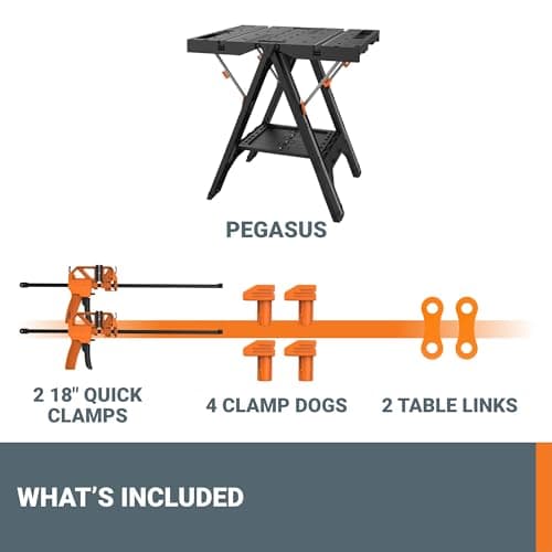 Worx Pegasus 2-in-1 Folding Work Table & Sawhorse, Easy Setup Portable Workbench, 31" W x 25" D x 32" H Lightweight Worktable with Heavy-Duty Load Capacity, WX051 - Includes 2 Clamps & 4 Clamp Dogs 6