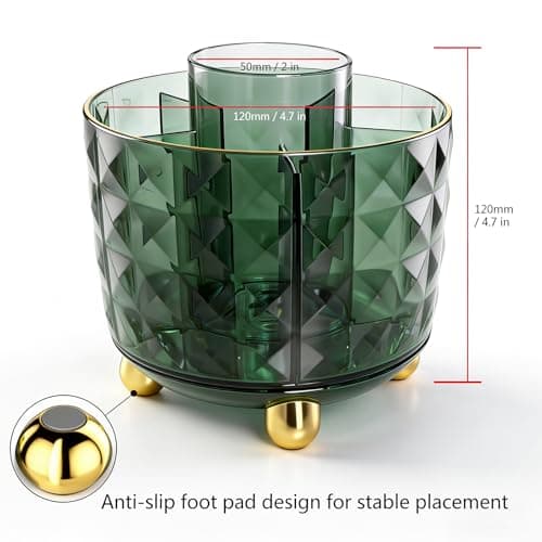 GOTOBA Dark Green Pen Pencil Holder for Desk, 360° Rotating Pen Organizer, Green Office Supplies, Cute Pen Holder, 6-Compartment Pencil Holder Rotating 5