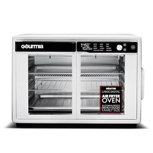 Gourmia French Door Air Fryer Oven - 37 Qt Large Capacity Convection Toaster Oven, FryForce 360°, Digital Display, 12 Cooking Presets, Dehydrate, Fits 13” Pizza, Dishwasher-Safe, White
