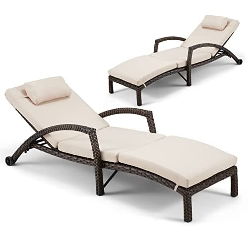 HOMREST Chaise Lounge Chairs Set of 2 for Outside, Adjustable 5 Position Outdoor PE Rattan Wicker Patio Pool Lounge Chair with Arm, Cushion, Pillow and Wheels for Poolside Backyard Deck Porch,Khaki 10