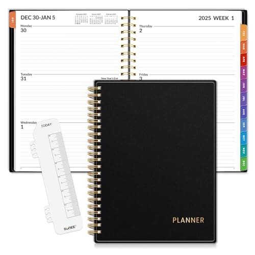 SUNEE 2025 Weekly and Monthly Planner - from January 2025 - December 2025, 6.4" x 8.3" Daily Agenda Planner with Monthly Tab, Flexible Cover, Note Pages, Pockets, Bookmark, Spiral Binding, Black