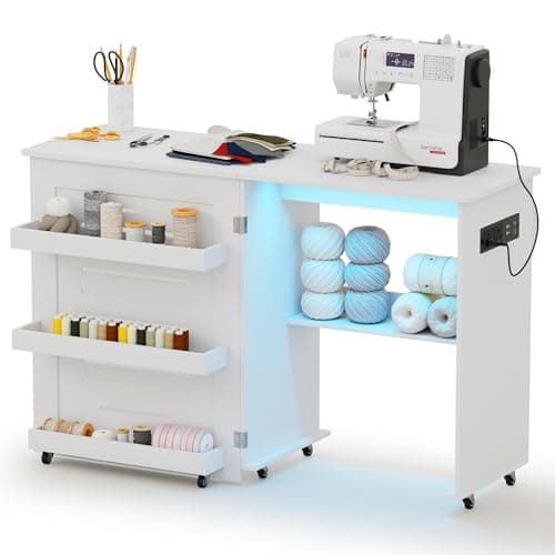 Lvifur Folding Sewing Table - with Storage, Lighted Sewing Cabinet with Charging Station, Farmhouse Sewing Desk with Motion Sensor Lights, Cutting Table with 3 Storage Trays,6 Wheels,White