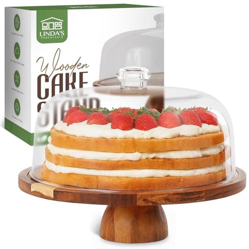 Linda’s Essentials Acacia Wood Cake Stand with Lid (Acrylic) 12 Inch Round Cake Holder Stand with 5 Bonus Cake Sheets, 2-in-1 Wooden Cake Stand with Dome & Charcuterie Board for Cheese, Cake Plate 9