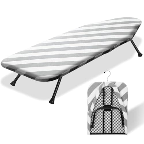 SheeChung Small Ironing Board 12"x32" Foldable Ironing Board with Cotton Cover and Pad,Tabletop Compact Ironing Broad with Retractable Hook & Skidproof Feet for Small Spaces Laundry Room,Grey Striped