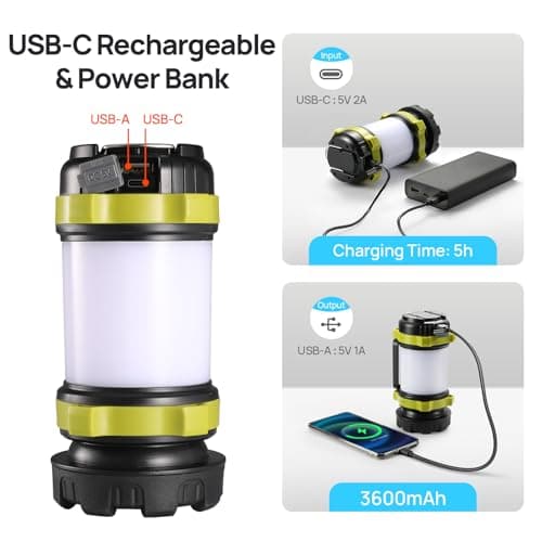 2 Pack LED Camping Lantern Flashlight Rechargeable, Consciot Portable Torch with 6 Light Modes, 3600mAh Power Bank, IPX4 Waterproof, USB C, Camping Lights for Hurricane, Emergency, Survival Kits 4