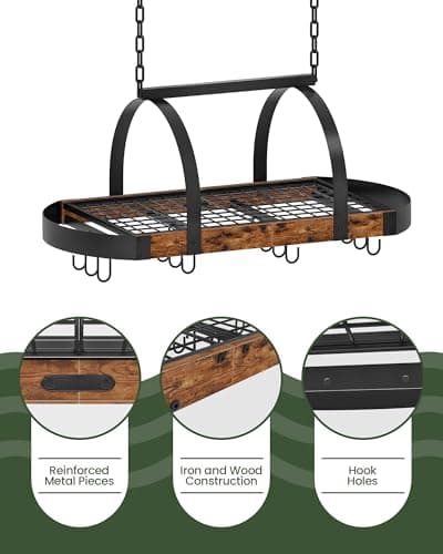 CHOEZON Hanging Pot Rack, Pot Hanger for Kitchen, Ceiling Mounted Pot Holder, Cookware Organizer with 12 S-Shaped Hooks, for Pot, Pan Storage, Space-Saving, Rustic Brown and Black TPR08BFC1 6