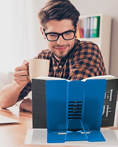 Large Book Stand Metal Reading Rest Book Holder Adjustable Document Cookbook Holder Portable Bookstands for Textbooks/Music Books/Recipe/Mobile Phone/Tablet(Deep Blue) 5