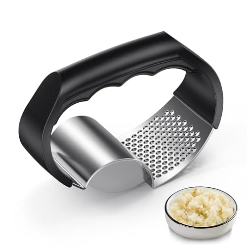 Garlic Press Rocker - Stainless Steel Garlic Crusher, 2-in-1 Easy Kitchen Gadget for Effortless Smashing