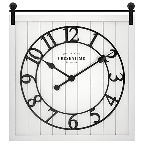 Presentime & Co Farmhouse Barn Door Clock, Shiplap Style, Cream White Color, Silent No Ticking, 3D Arabic Numeral, 23" H x 21" W. Home Decoration/Wall Decoration/Farmhouse Décor.