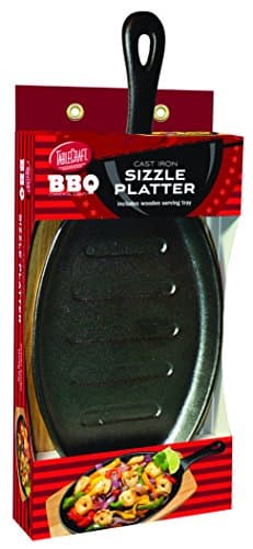 TableCraft BBQ117 Cast Iron Fajita Skillet Set, 17-Inch Pre-Seasoned Sizzle Platter with Handle and Wood Tray, Commercial Quality for Grill, Oven or Stovetop, Black, 2-Piece Set