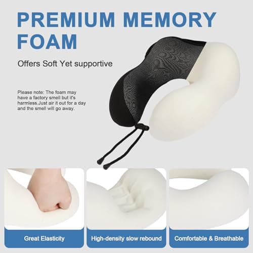 Travel Neck Pillow with 100% Light-Blocking Hood – Ergonomic Memory Foam Support Pillow for Airplane, Long Flights, Road Trips, Office and Car, Full Head and Neck Support with Skin-Friendly Cover 7