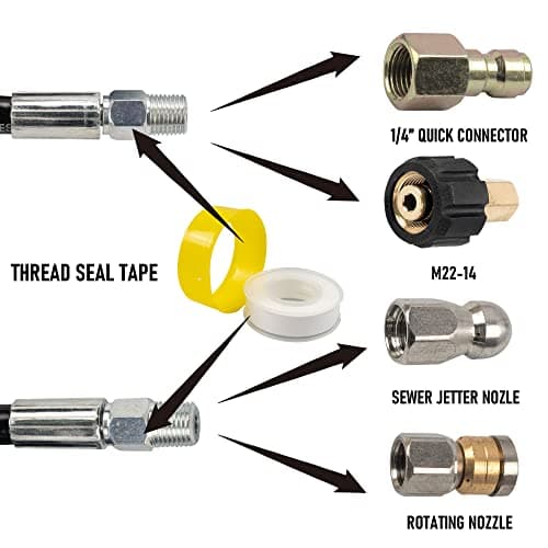 Hourleey Sewer Jetter Kit for Pressure Washer 50FT, Drain Cleaner Hose 1/4 Inch NPT, Orifice 4.0 Button Nose and Rotating Sewer Jetting Nozzle Spanner Tape Pearl Corsage Pin, 4000 PSI 4