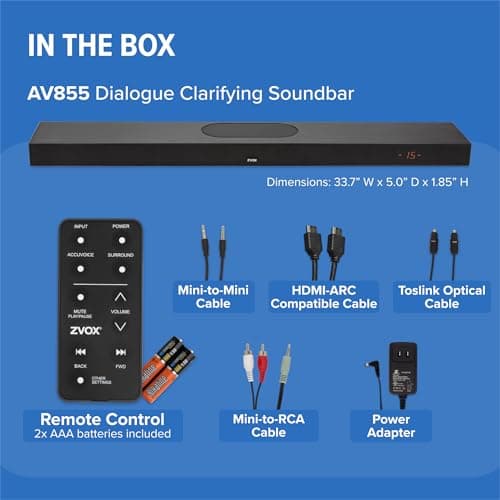 ZVOX AccuVoice AV855 Dialogue Clarifying Soundbar - Patented Hearing Technology with 20 Levels of Voice Boost, Dual Subwoofers, Low-Profile TV Speaker for Home Theater and Smart TV - Black 7