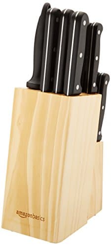 Amazon Basics 14-Piece High Carbon Stainless Steel Kitchen Knife Set with Full Tang Construction, Ergonomic Handles, Sharpener and Pinewood Block, Black 5