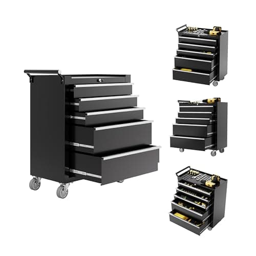 IDEALHOUSE Rolling Tool Chest, 5 Drawers Tool Storage Cabinet, Toolbox with Wheels, Portable Tool Cabinet Organizer with Locking System & Drawer Liners, Tool Storage Cart for Garage, Workshop, Black