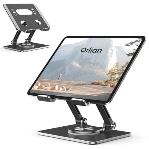 Orlian Tablet Stand Holder with Thickened 360°Rotating Base Dual Rod Adjustable Aluminum Stand for All 5.8-12.9” iPad Samsung Phone Tablet Kindle E-Reader and More, Black