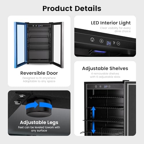 Feelfunn 4.5 Cu.Ft Beverage Refrigerator Cooler - 145 Can Mini Fridge Glass Door for Soda Beer Wine, Small Refrigerator for Bedroom Office Home Bar, 4 Adjustable Shelves, Silver 6