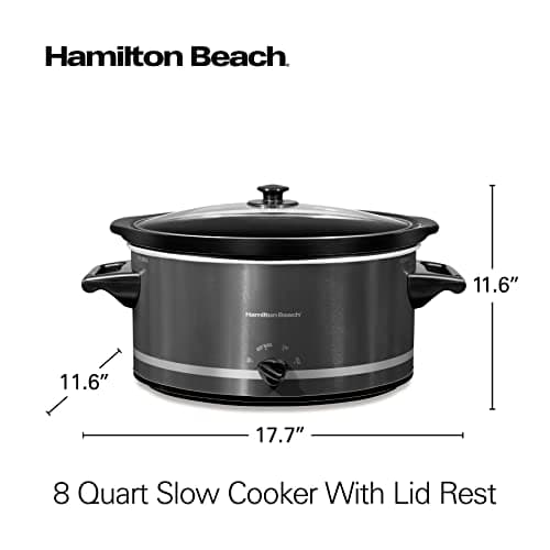 Hamilton Beach Slow Cooker with 3 Cooking Settings, Dishwasher-Safe Stoneware Crock & Glass, 8-Quart Built-In Lid Rest, Black 8