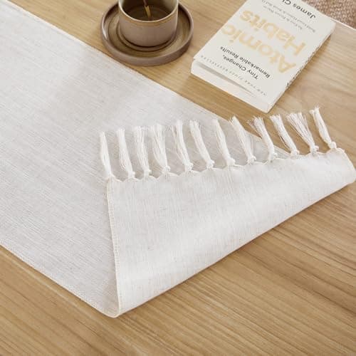 Aoztio Linen Style Rustic Table Runner, Farmhouse Cotton Linen Table Runner, Boho Table Runners 72 Inches Long with Hand Tassels for Home Tabletop Decor and Everyday Use - Off White, 72 Inch 4