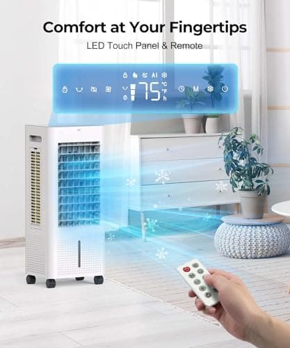 Evaporative Air Cooler with Remote & Timer, 2200+ CFM Portable Fan That Blows Cold Air for Large Room, Home Office, Bedroom - 2.1Gal High-Capacity Tank, 3 Modes, Whisper Quiet 30dB & Sleep Mode 7