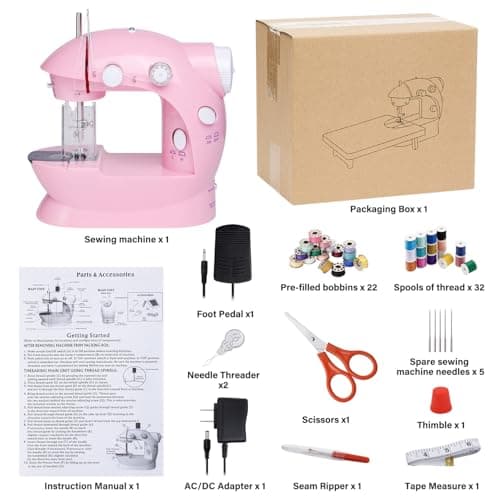 Sewing Machine for Beginners with Expansion Table and Foot Pedal and 42Pcs Sewing kit Finger Guard & Light Mini Small Portable Sewing Machines 2-Thread 2-Speed 2-Switches for Kids Ages 8-12 Peach Pink 9