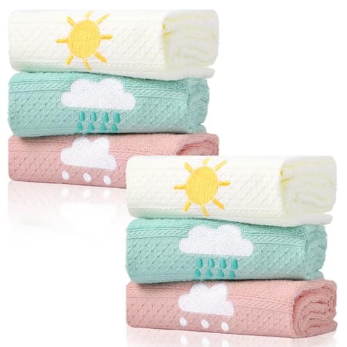 VitalCozy 6 Pcs Sun Kids Bath Towel Bathroom Set Girls Toddler Fun Cute Hand Towels 100% Cotton Soft Absorbent Embroidered Washcloth for Kids Unisex Boys Girls Children