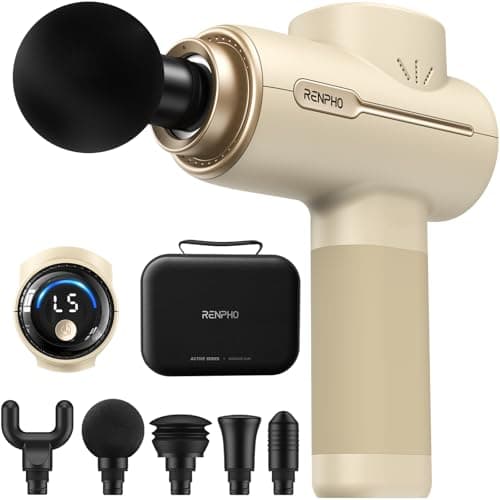 RENPHO Active Massage Gun, Deep Tissue Percussion Massager for Back and Neck, Portable Handheld Massager with 5 Speeds, 5 Attachments, Carry Case, Beige