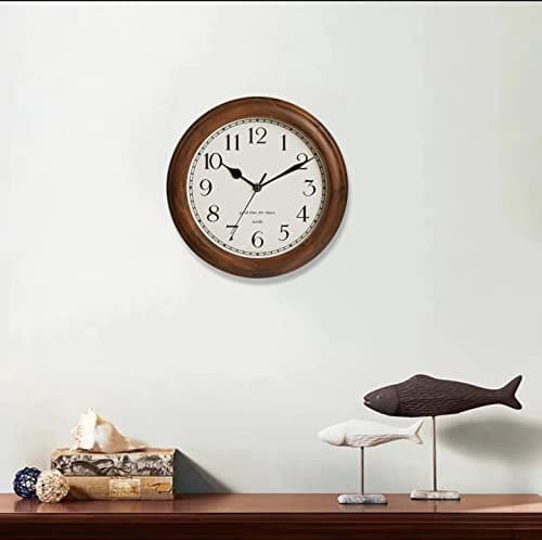 Wooden Wall Clock with Retro Design, 11 Inches Round Wall Clocks Battery Operated Silent Non-Ticking, Big Arabic Numerals, for Kitchen Living Room Classroom Gym and Pool, Brown 5