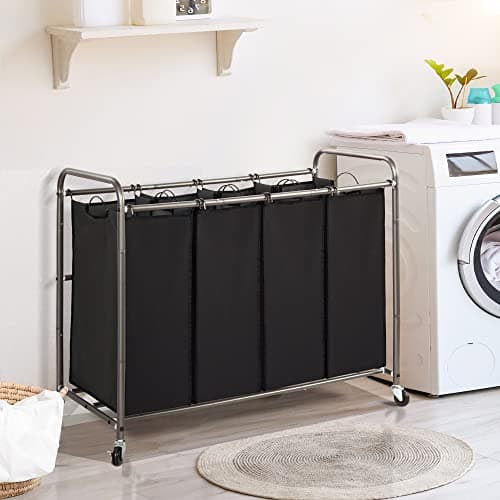 STO STO Laundry Sorter 4 Section, 4 Bag Clothes Hamper, Rolling Laundry Cart Basket with Heavy Duty Lockable Wheels and Removable Bag for Laundry Room, Bedroom, Closet, Black 7