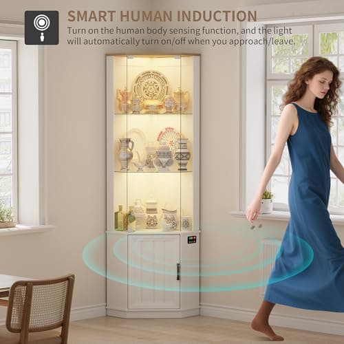 Lvifur 69" Corner Glass Display Cabinet with RGB Lights,3-Tier Movable Glass Shelves,Curio Display with Human Body Sensor,Bookcase with Storage Cabinet for Toys,Books,Collectibles,Liquor,White 9