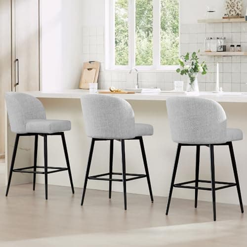 Watson & Whitely Counter Height Bar Stools Set of 3, 360° Swivel Upholstered Barstools with Backs and Metal Legs, 26" H Seat Height, Fabric in White (Multi-Colored)