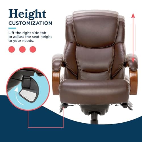 La-Z-Boy Delano Big and Tall Executive Office Chair - Ergonomic Lumbar Support Memory Foam - Bonded Leather Desk Chair for Home Office - Mahogany Wood Arms - Chestnut Brown 10