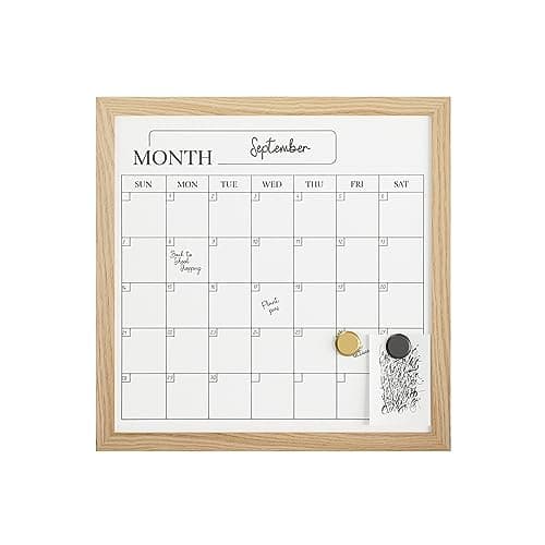Martha Stewart Everette Magnetic Monthly Calendar Dry Erase Board with Included Dry Erase Marker and 2 Magnets, 18" x 18", Light Natural Woodgrain Frame 11
