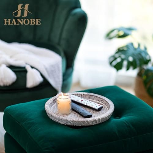Hanobe Decorative Tray for Coffee Table: Round Candle Plate Holder Centerpieces for Dining Room Kitchen - Wooden Farmhouse Tray Vintage Home Decor 9