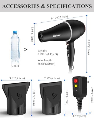 Hair Dryer with Diffuser, Professional Ionic Hair Dryer with Blue Light AC Motor, 2000W Fast Drying Hair Blow Dryer (Black with 2*Nozzle) 7