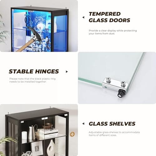 BROTTAR Display Cabinet with Glass Door, 6-Tier 71" Curio Cabinet with 3 Color Lights for Collectibles, Display Case with Adjustable Glass Shelves, Human Body Sensor, Storage Cabinets, Black 7