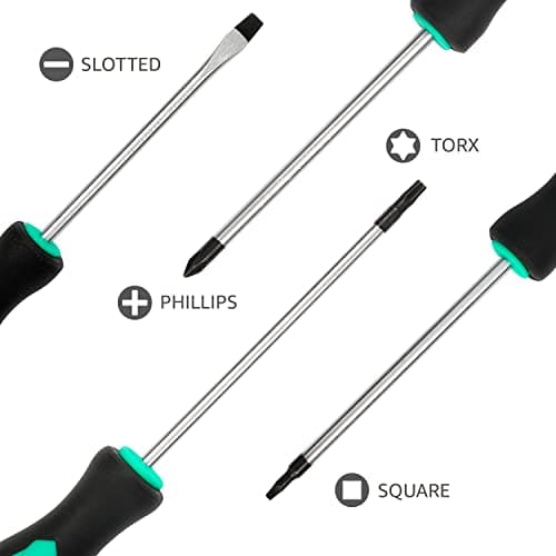 Amazon Basics Magnetic Screwdrivers Set, 12-Piece, Phillips, Slotted, Torx, Square, and Stubby with Non-Slip Handle, Hand Tools Set, Turquoise 7